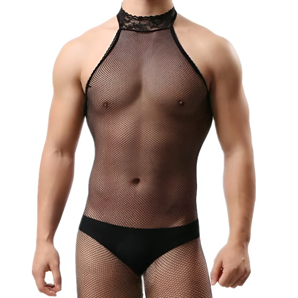 Black Mesh Men's Bodysuit